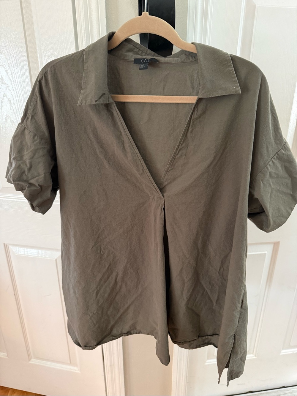 COS Olive-Tone Short Sleeve Collared V-Neck Shirt